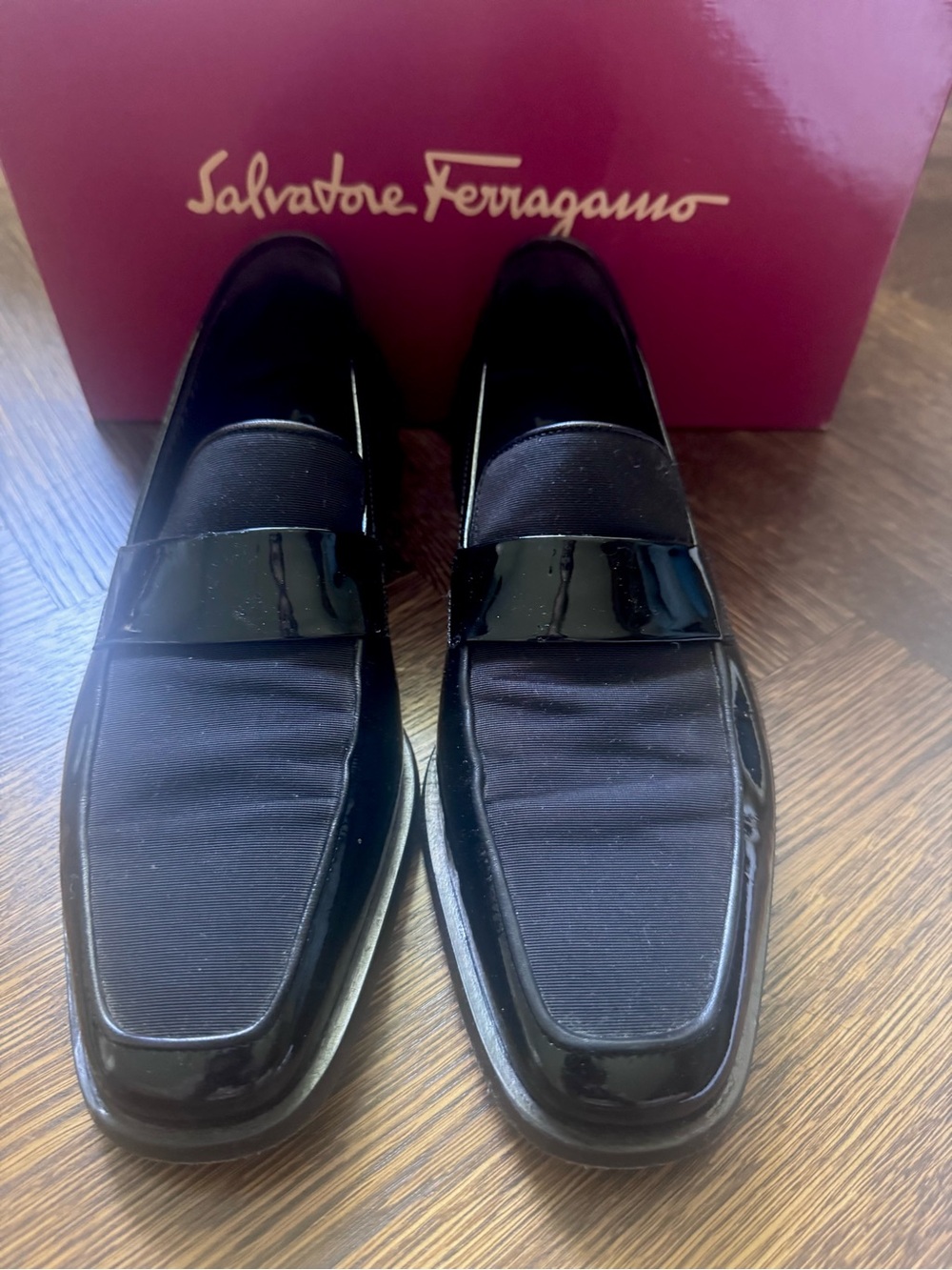 Salvatore Ferragamo Black Patent & Fabric Slip-On Loafers